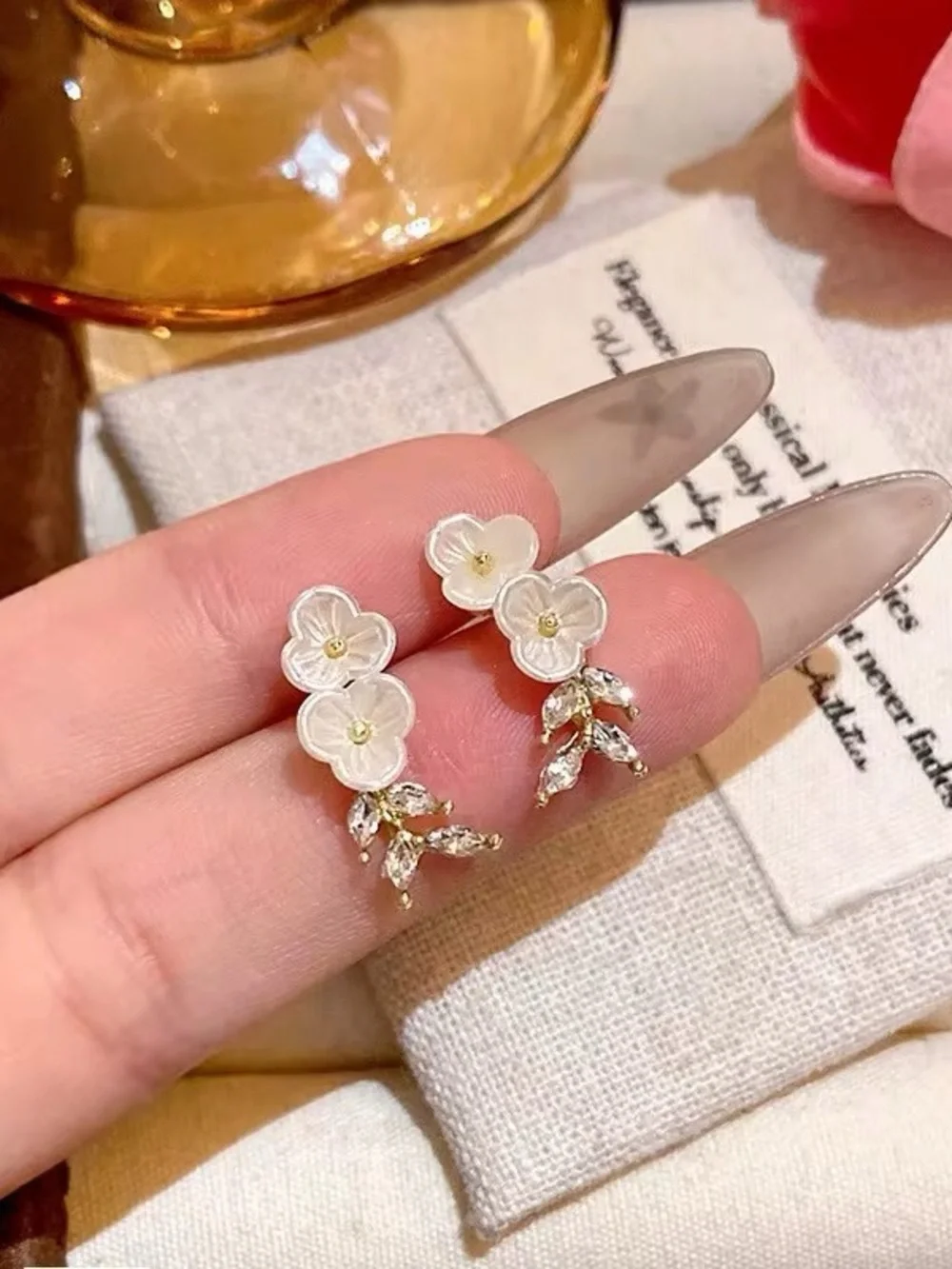 ***Delicate White Floral Ear Climbers with Gold Accents